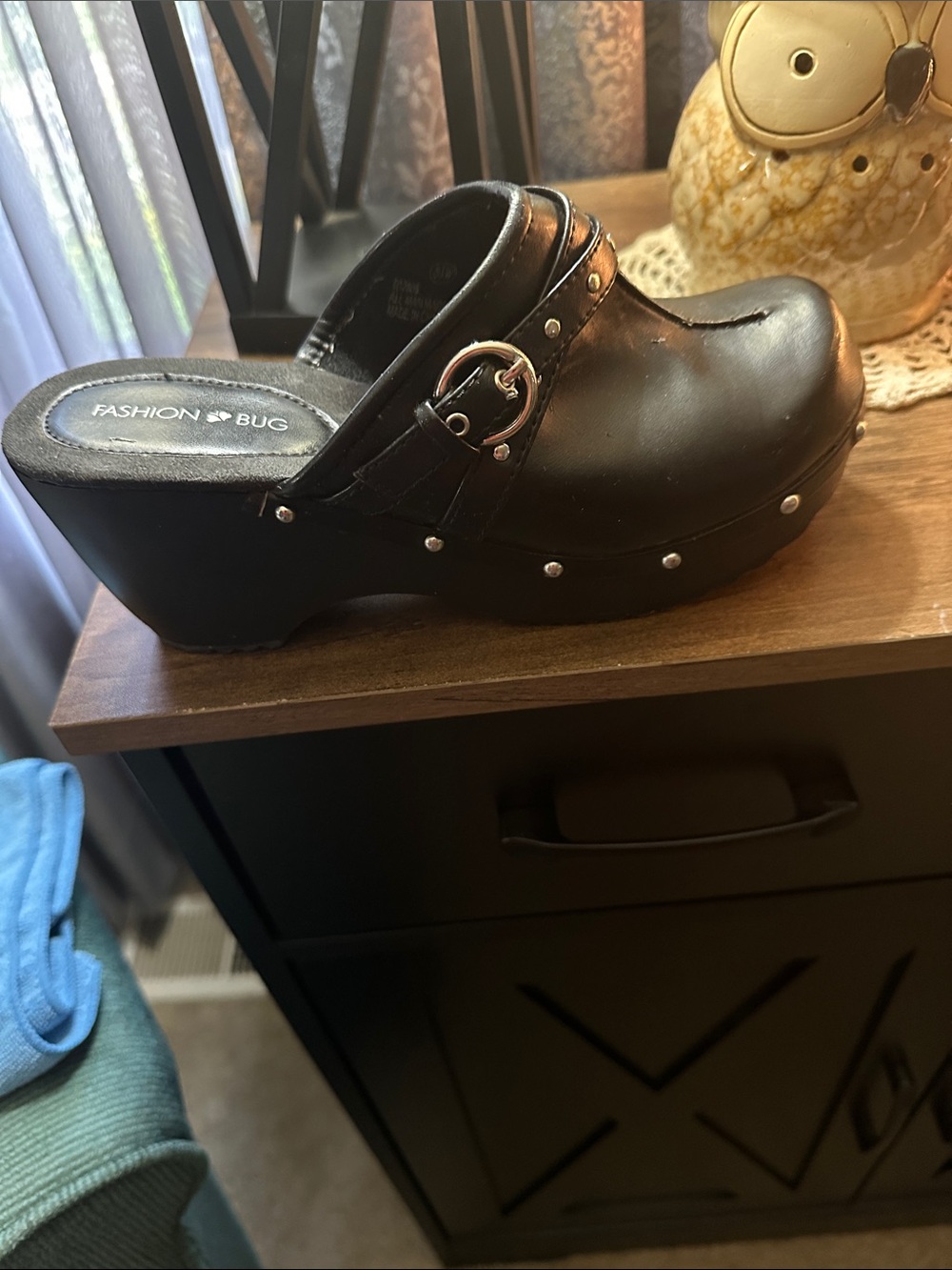 Fashion Bug Black Studded Platform Mule with Buckle Strap